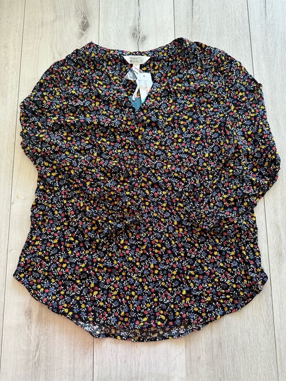 Market & Spruce Prat Henley 3/4 Sleeve Blouse Black Medium NWT STITCH FIX